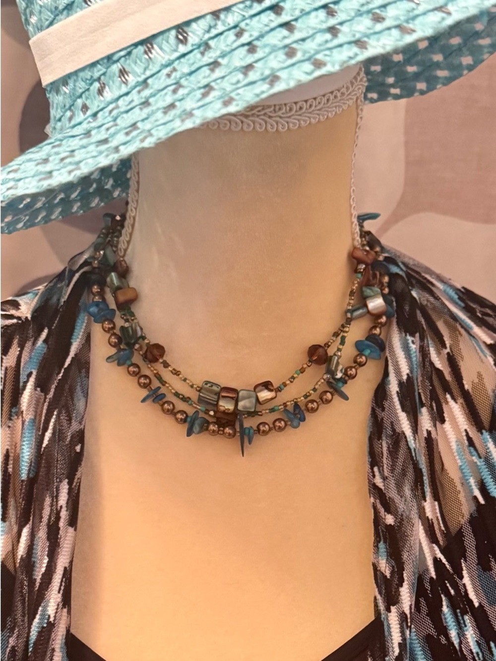 Multi-Strand Blue & Brown Beaded Necklace - Women Jewelry